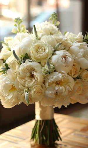 Un bouquet de pivoines blanches avec des roses