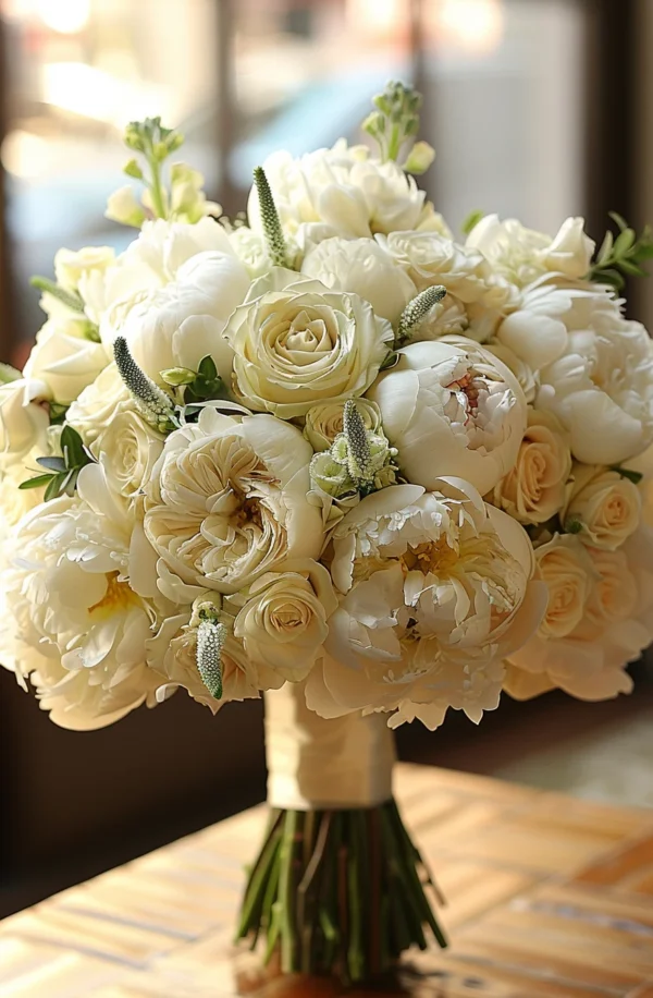 Un bouquet de pivoines blanches avec des roses