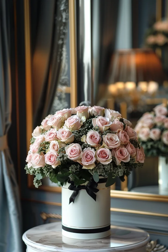 Une grande boîte ronde blanche avec des roses aux couleurs pastel