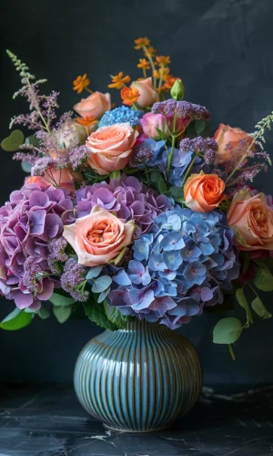 un bouquet de fleurs d'hortensia bleues avec des roses dans un vase en verre