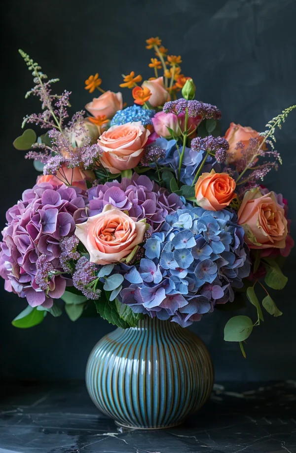 un bouquet de fleurs d'hortensia bleues avec des roses dans un vase en verre