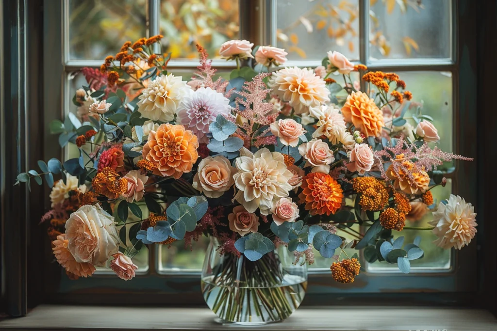 Un grand bouquet de fleurs d'automne dans un élégant vase en verre