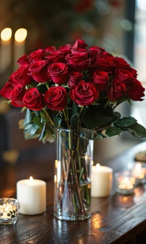 Un bouquet de roses rouges dans un vase en verre