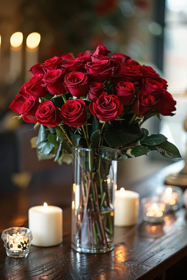 Un bouquet de roses rouges dans un vase en verre