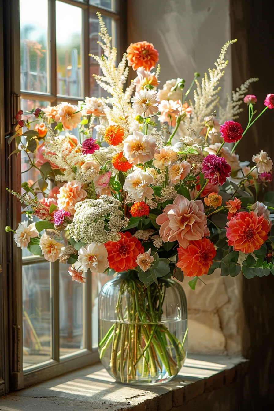 Un grand bouquet de fleurs d'été dans un élégant vase en verre