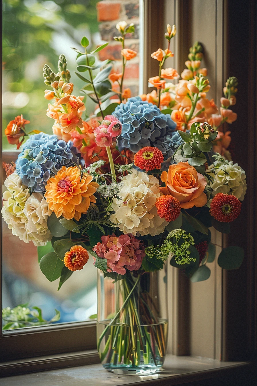 Un grand bouquet d'hortensias et de fleurs d'été dans un élégant vase en verre