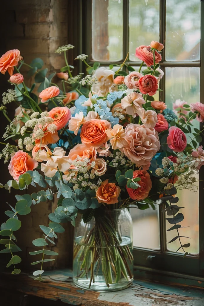 Un grand bouquet de fleurs d'été dans un élégant vase en verre