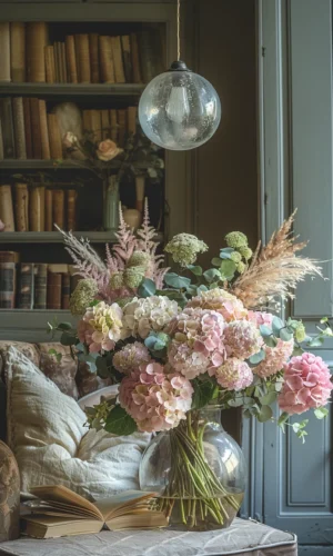 bouquet de fleurs d'hortensia dans un vase en verre