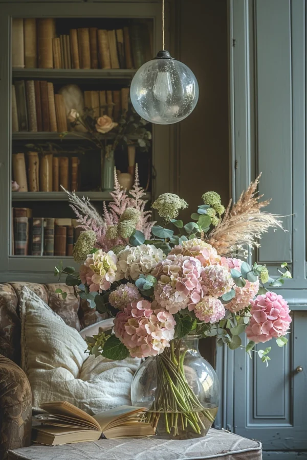 bouquet de fleurs d'hortensia dans un vase en verre