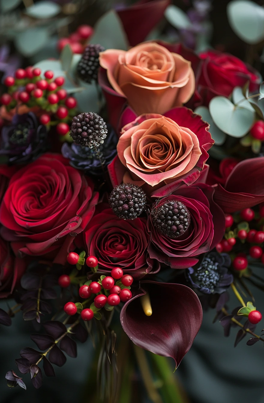 Un grand bouquet exquis de roses rouges et oranges