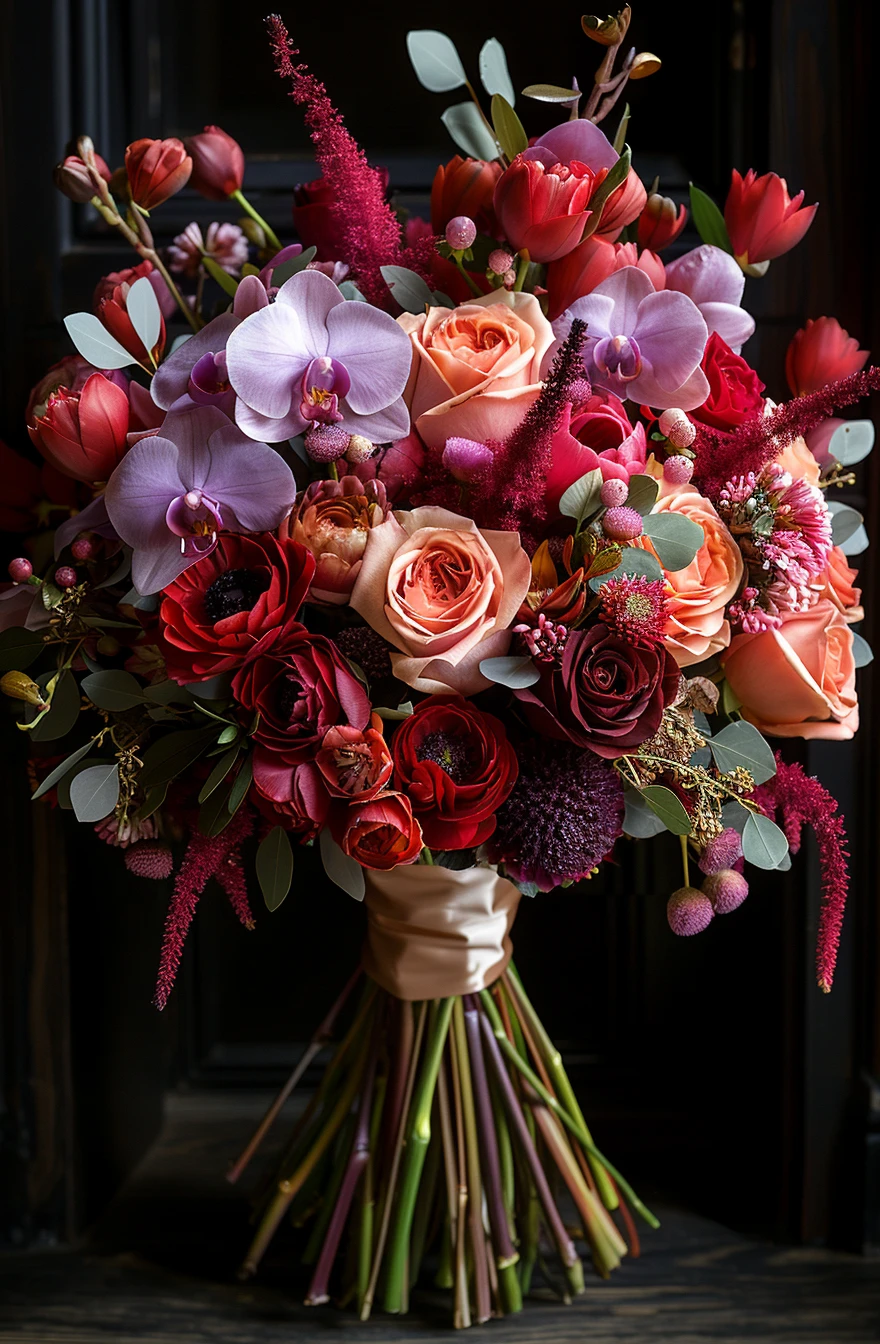 Grand bouquet exquis de roses et d'orchidées tigrées