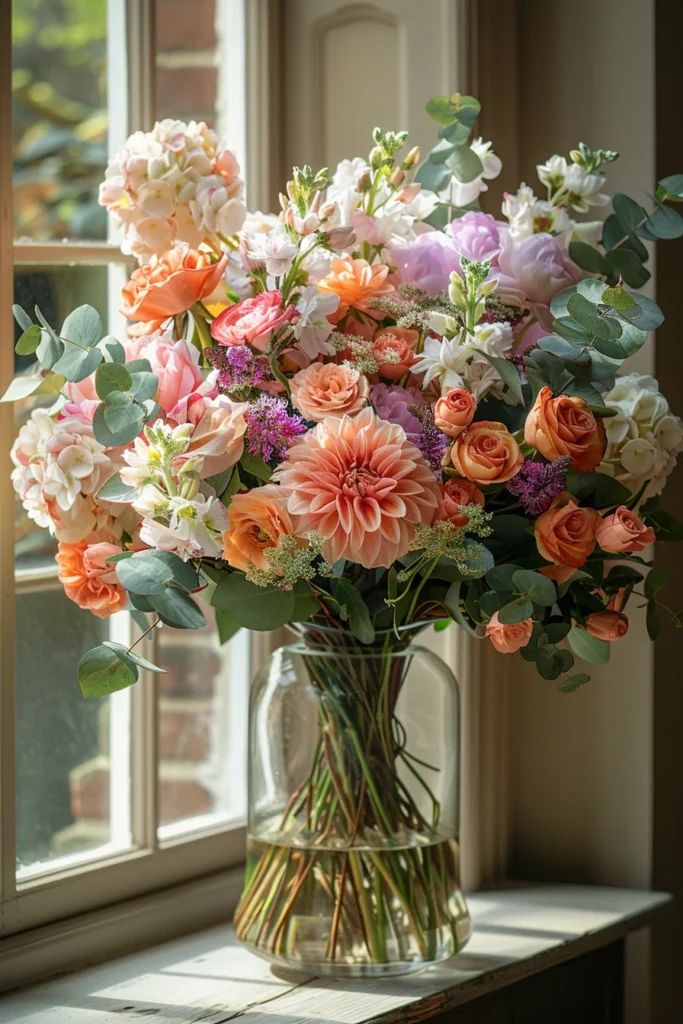 Un délicat bouquet de roses, de dahlias et d'hortensias